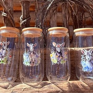 Can shaped glasses with Goat Design and bamboo Lids